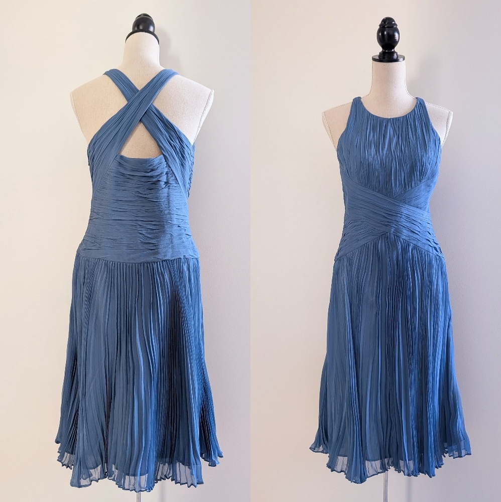 Anne Klein Blue Silk Sleeveless Crossback Dress Sz 8